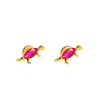 A pair of gold turtle stud earrings with marquise-cut pink gemstones, shown on a plain white background.