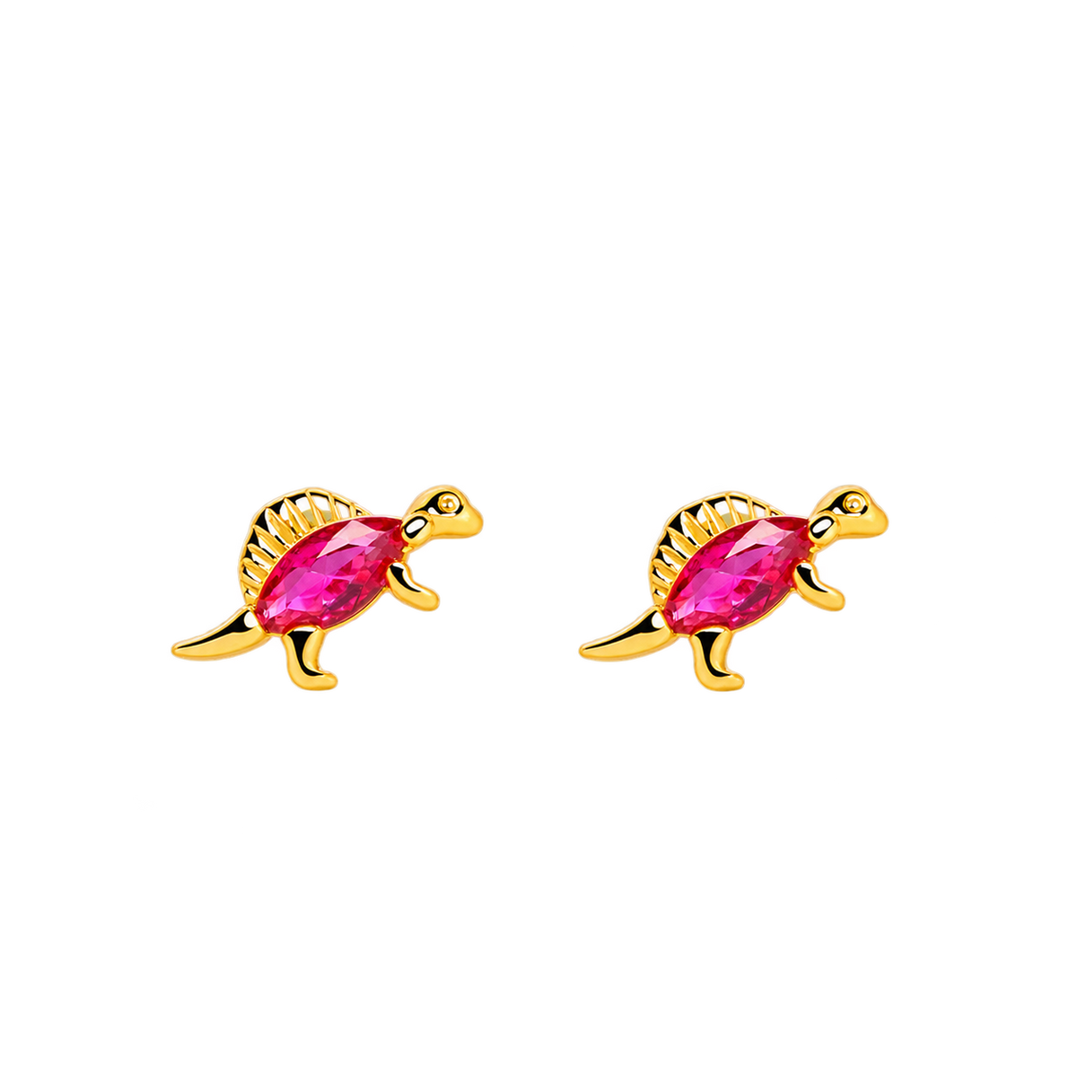 A pair of gold turtle stud earrings with marquise-cut pink gemstones, shown on a plain white background.