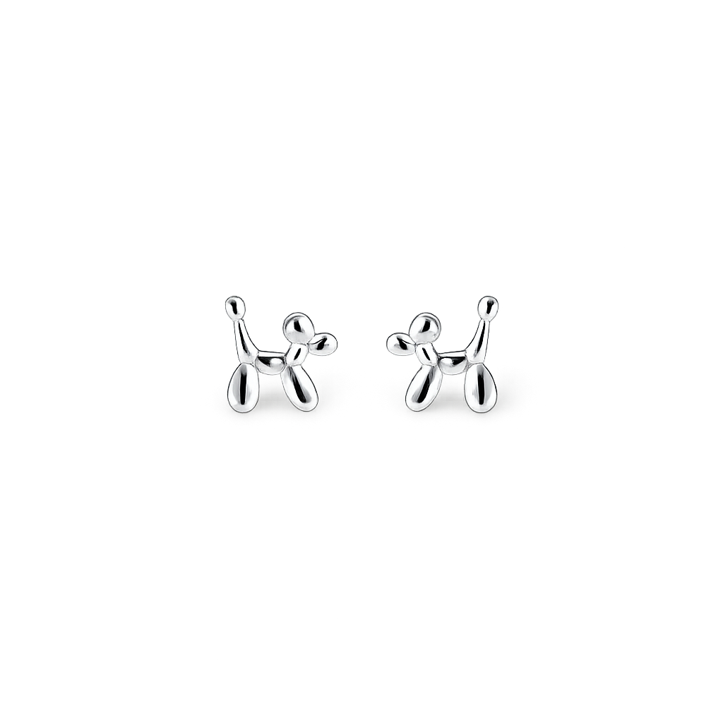 Silver balloon dog earrings on a white background