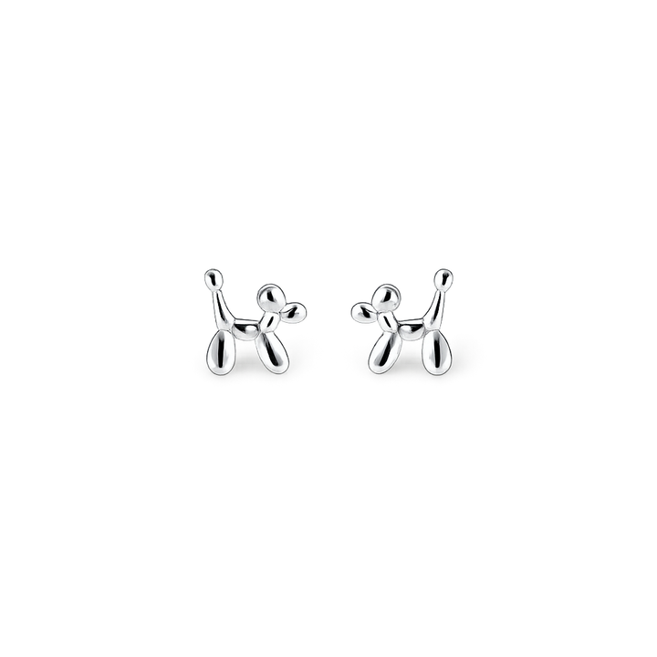 Silver balloon dog earrings on a white background