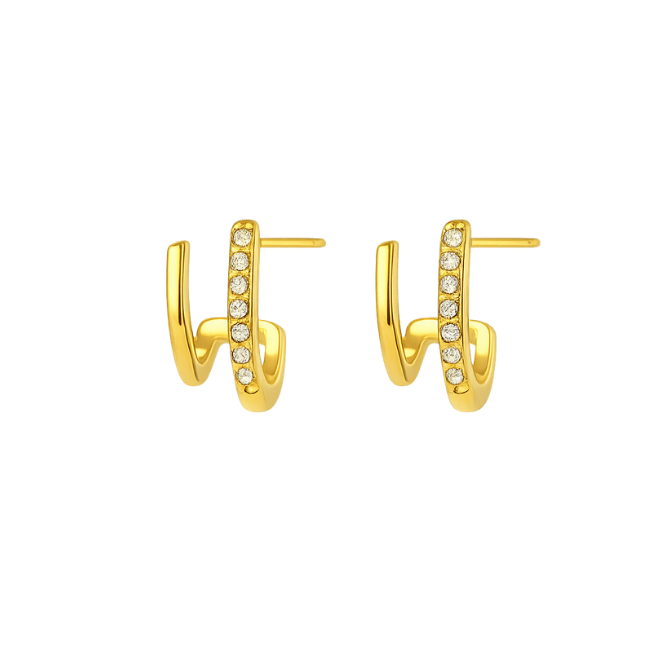Gold hoop earrings with small diamonds on a white background