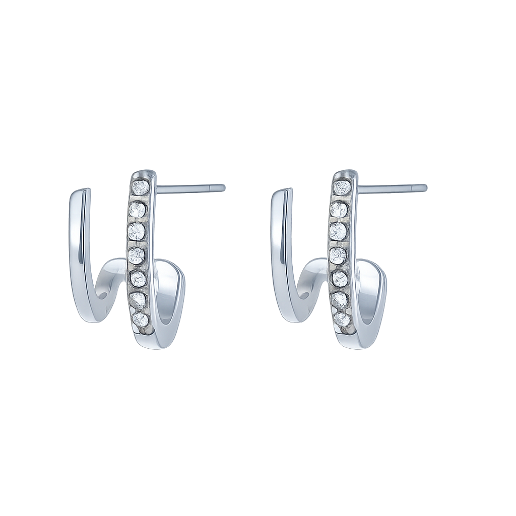 Silver hoop earrings with embedded stones on a white background