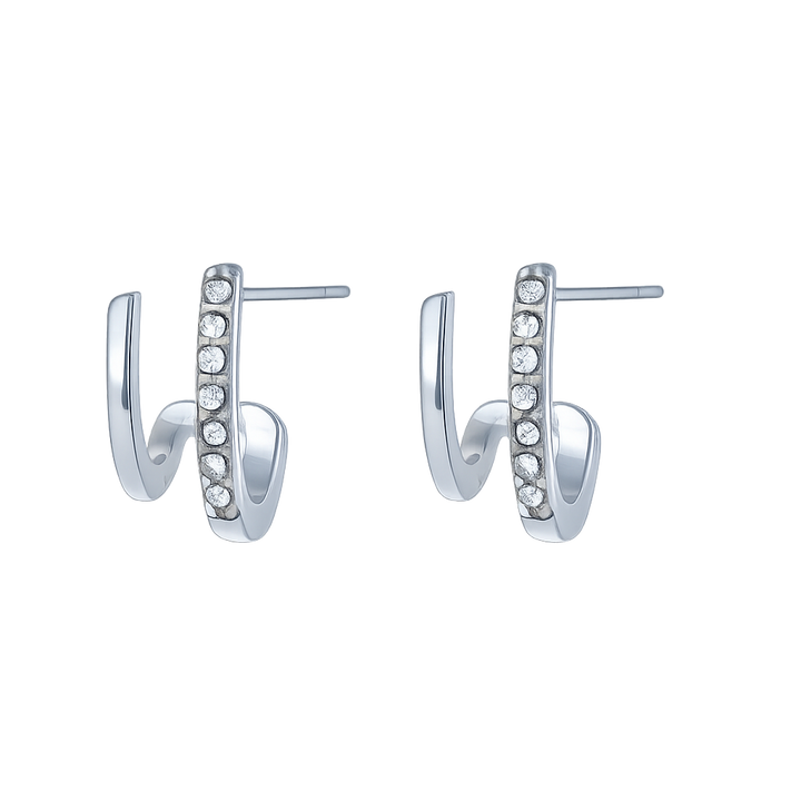 Silver hoop earrings with embedded stones on a white background