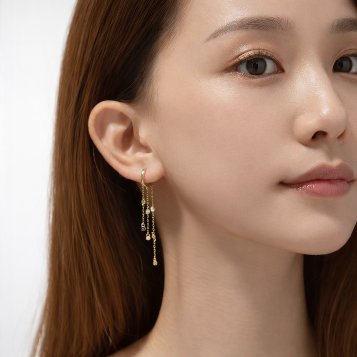 Close-up of a woman wearing gold earrings with a plain background