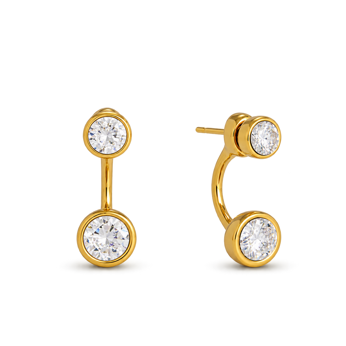 A pair of gold hoop earrings with round bezel-set clear gemstones, shown on a plain white background. One earring is oriented vertically, and the other is angled to show the post and backing.