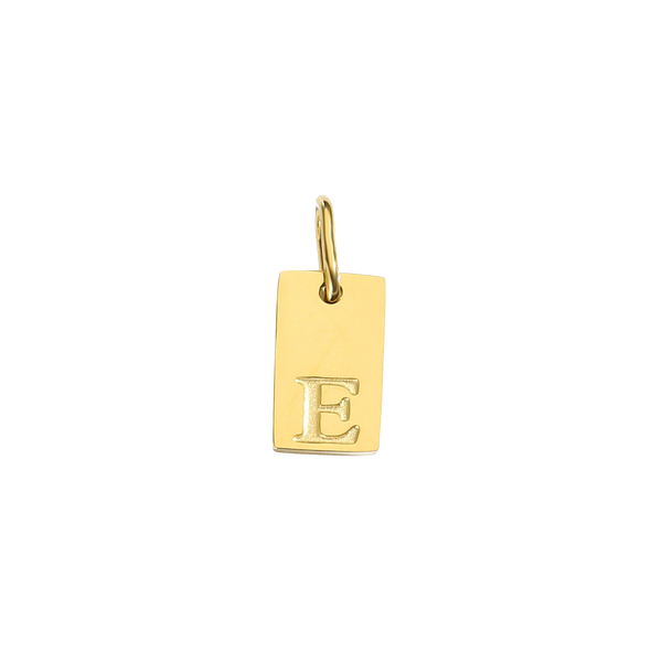 Gold pendant with letter 'E' on a white background