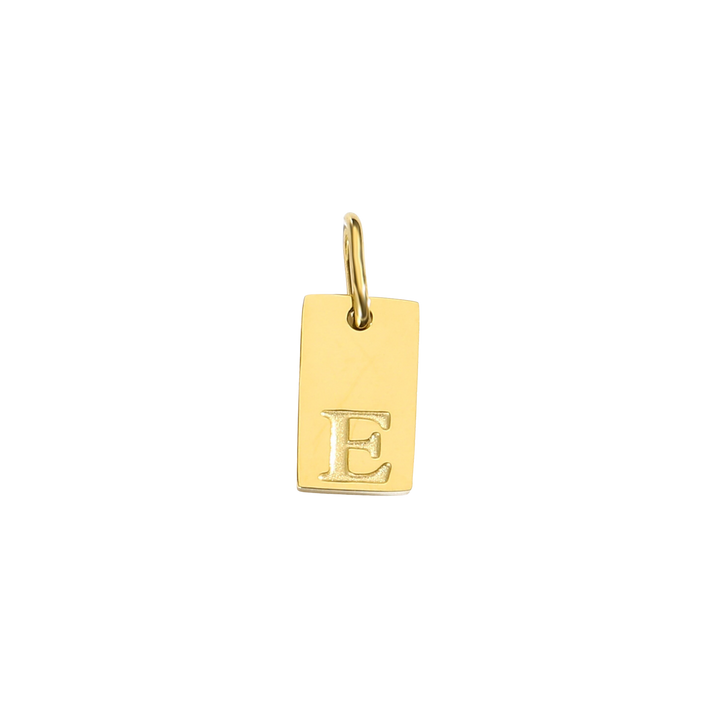 Gold pendant with letter 'E' on a white background