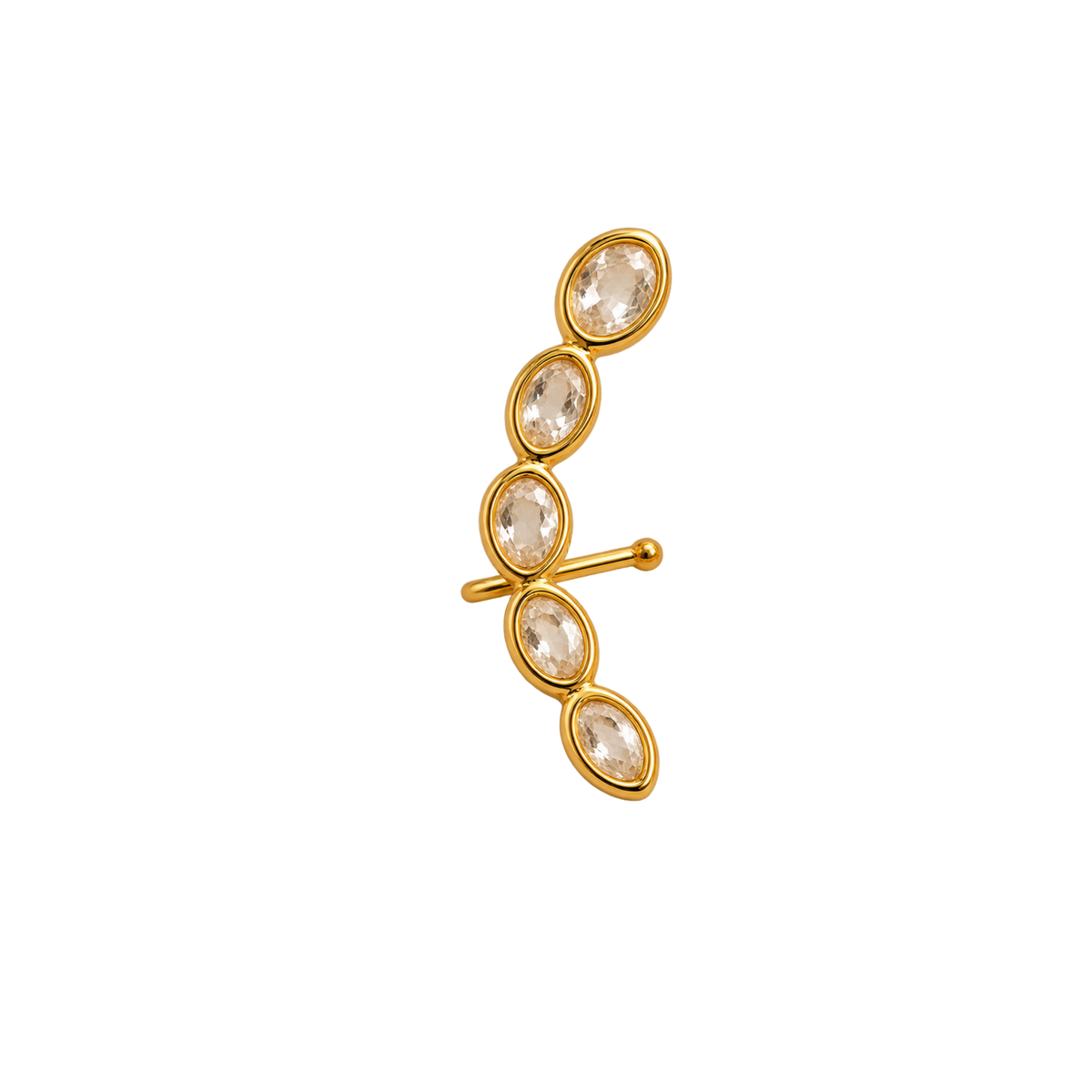 A gold ear cuff earring featuring five clear marquise-cut gemstones in oval bezel settings, shown against a plain white background.