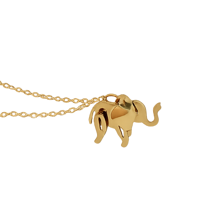 Gold elephant pendant on a chain against a white background