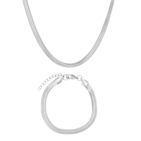 Silver snake chain necklace and bracelet on a white background