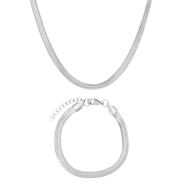 Silver snake chain necklace and bracelet on a white background
