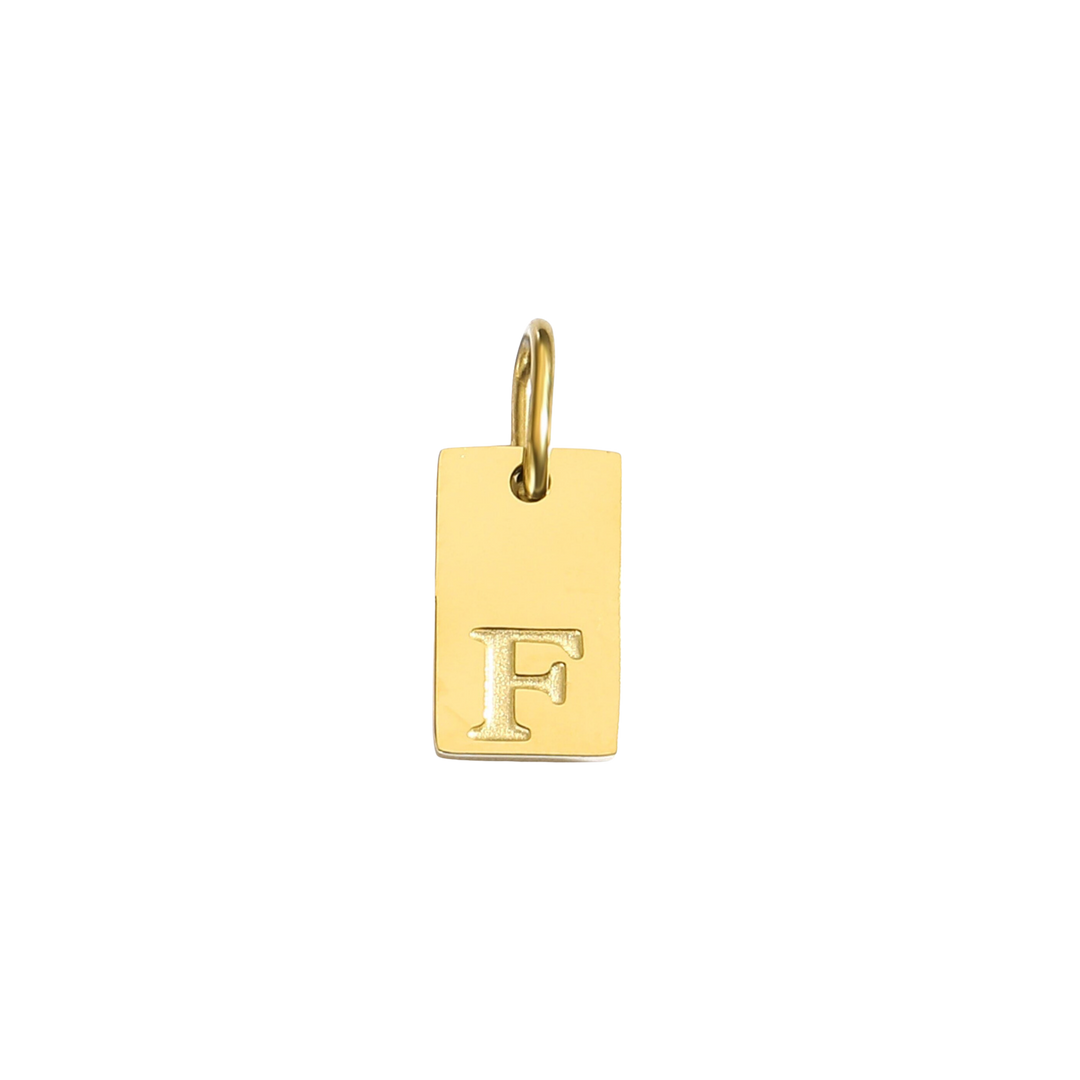 Gold pendant with letter 'F' on a white background