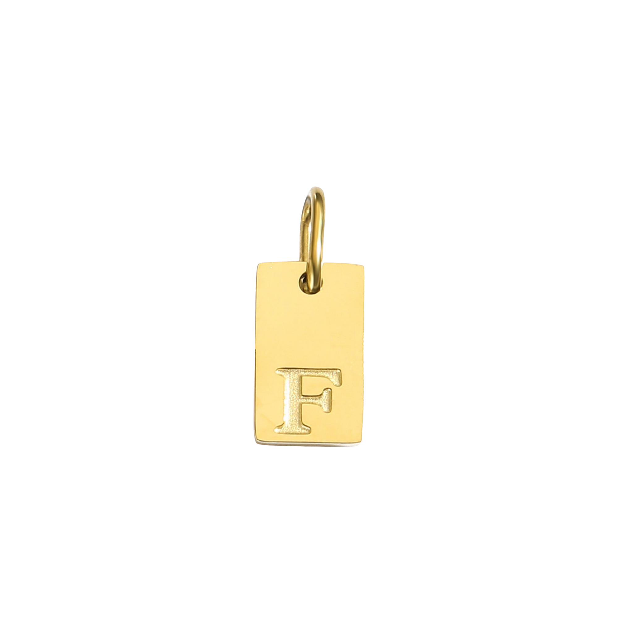 Gold pendant with letter 'F' on a white background
