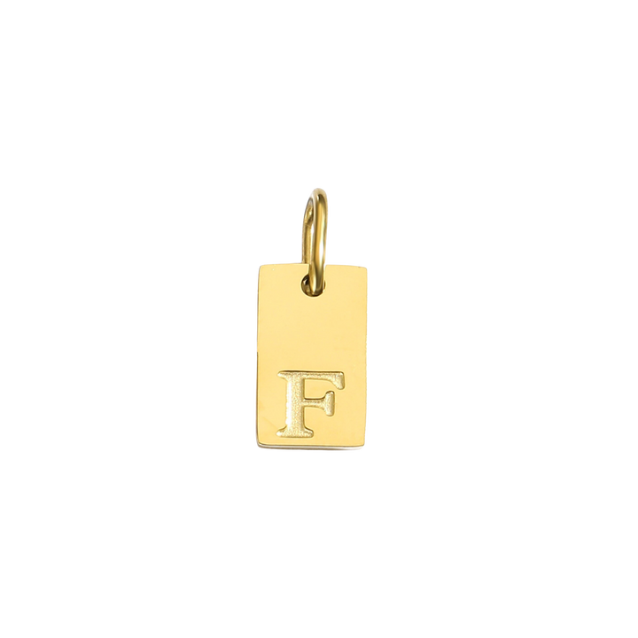 Gold pendant with letter 'F' on a white background