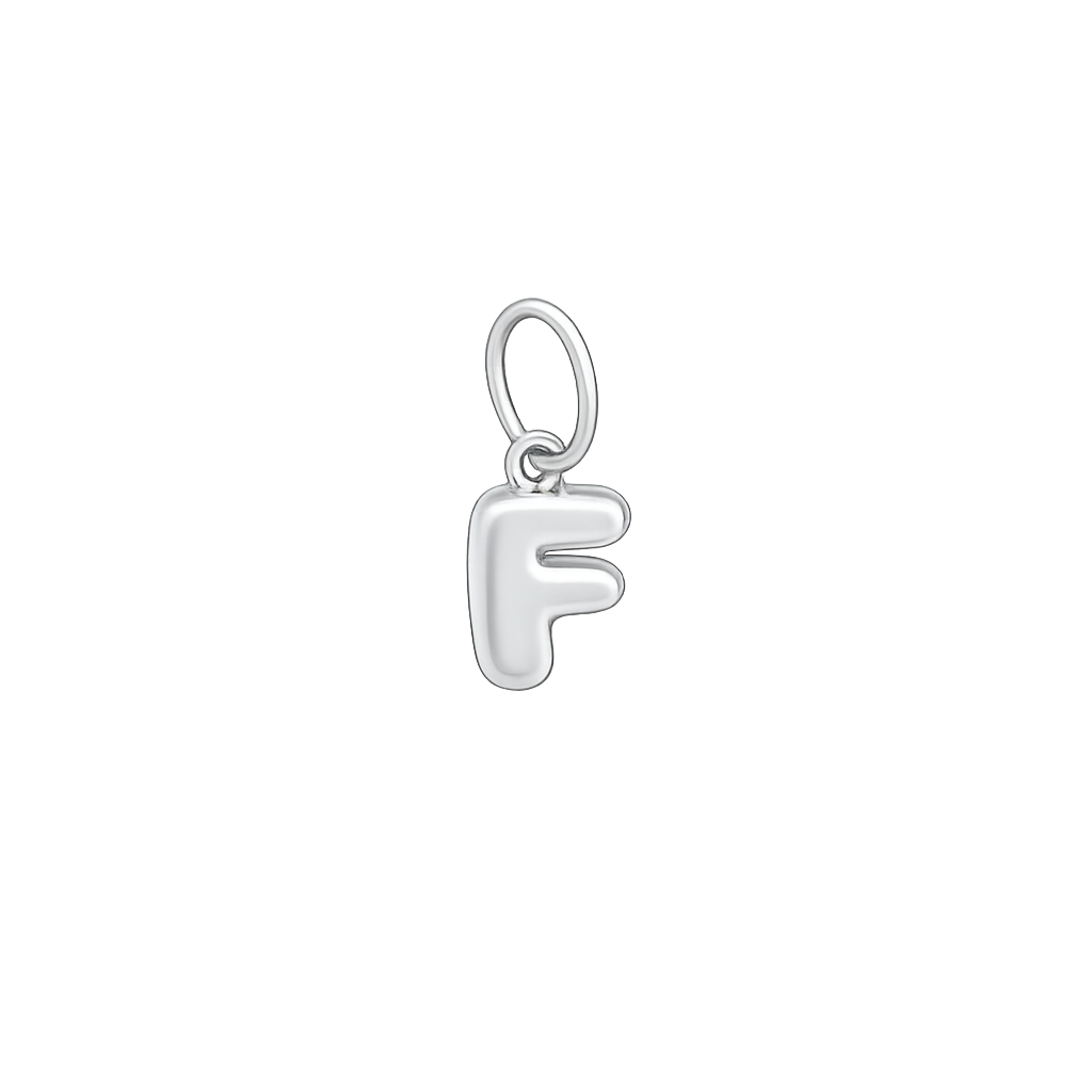 Silver letter 'F' pendant on a white background