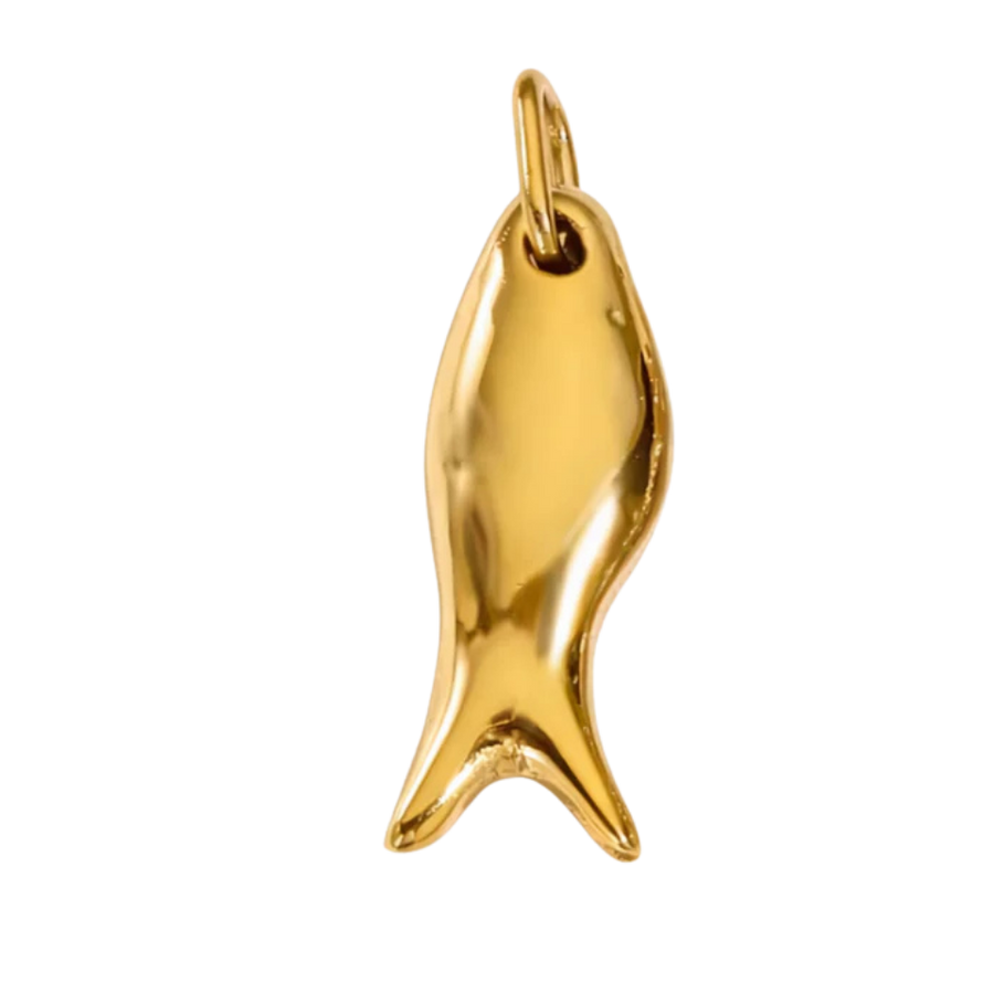 Gold feather-shaped pendant with clear stones on a green background