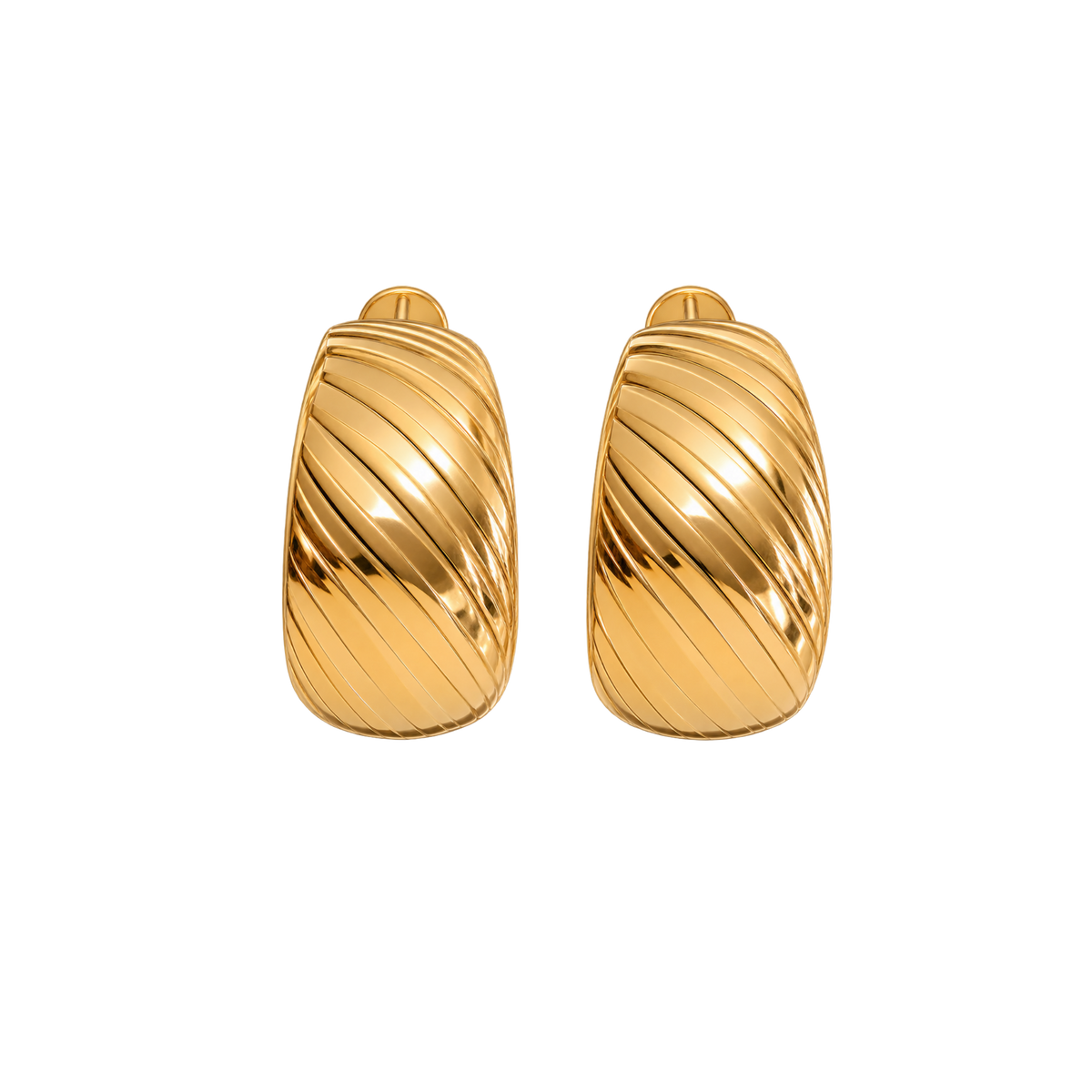 A pair of gold huggie hoop earrings with a textured diagonal ribbed pattern, shown on a plain white background.