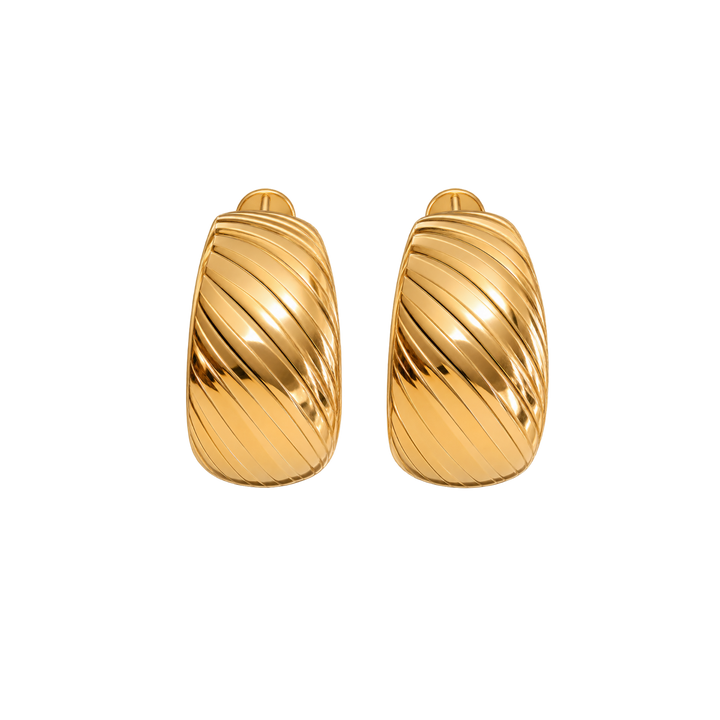 A pair of gold huggie hoop earrings with a textured diagonal ribbed pattern, shown on a plain white background.