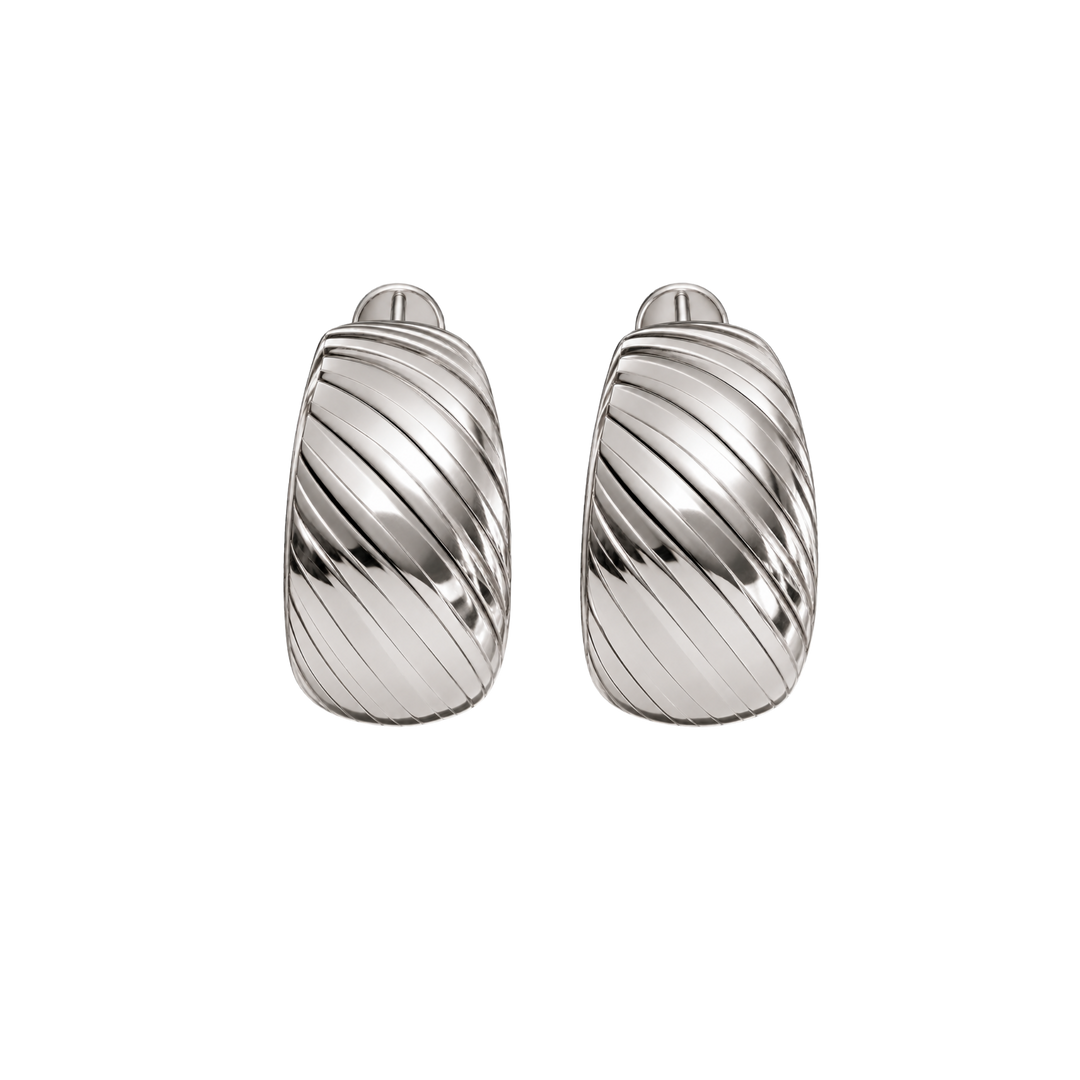 A pair of silver-toned textured hoop earrings with a ribbed diagonal pattern, shown on a plain white background.