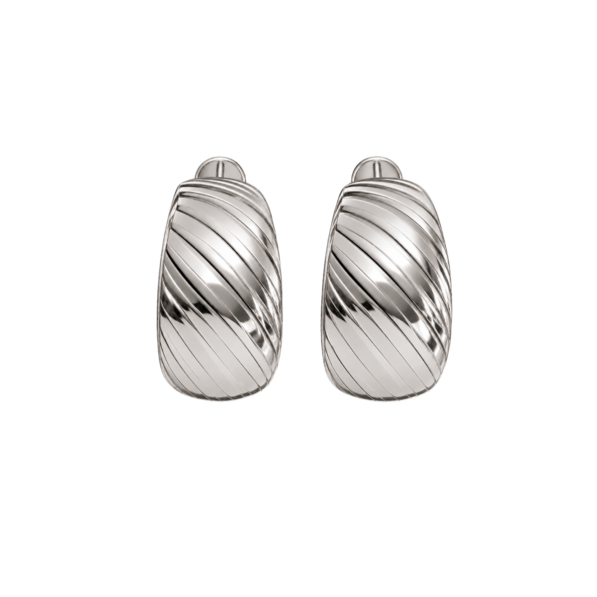 A pair of silver-toned textured hoop earrings with a ribbed diagonal pattern, shown on a plain white background.