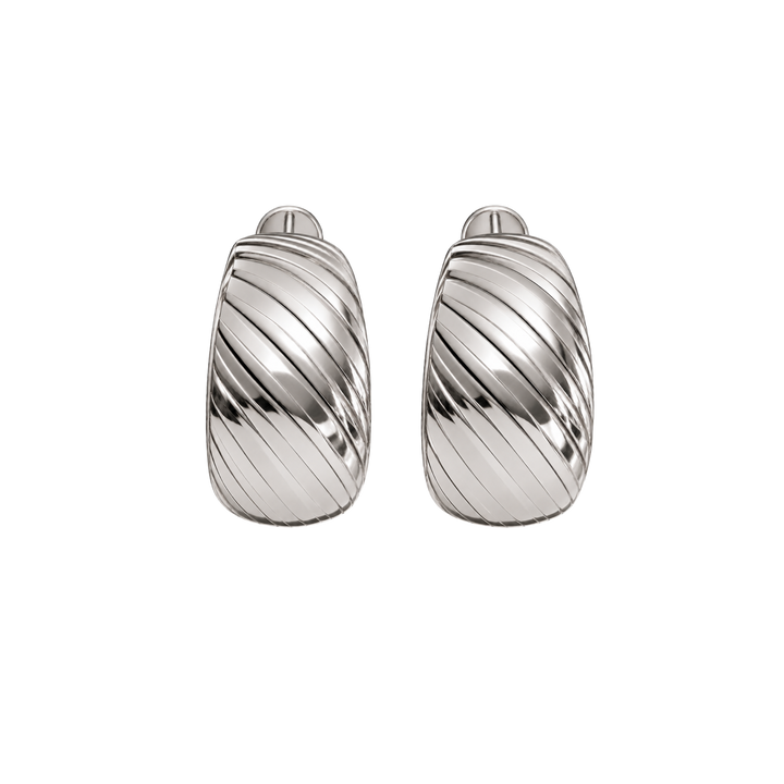 A pair of silver-toned textured hoop earrings with a ribbed diagonal pattern, shown on a plain white background.