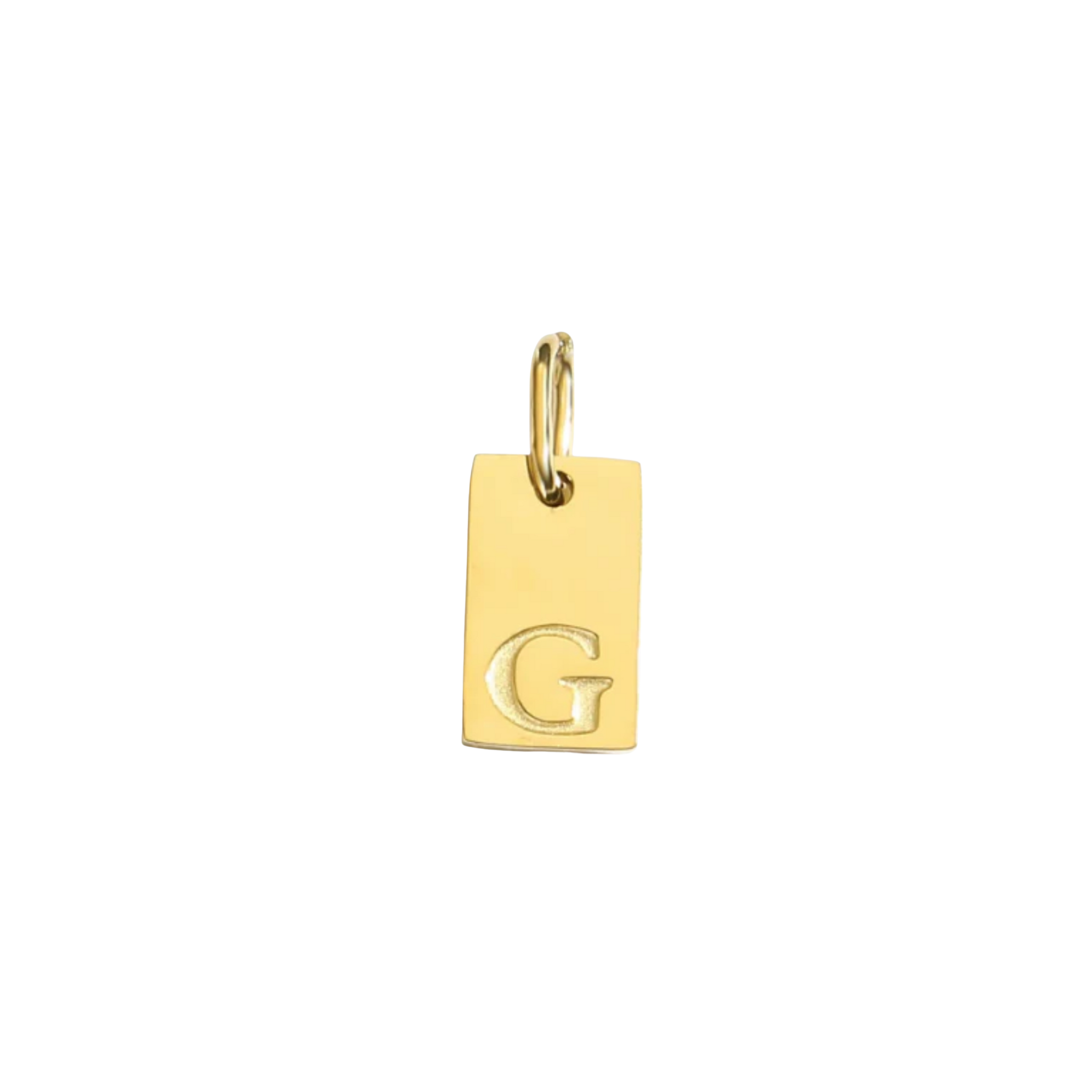 Gold pendant with letter 'G' on a white background