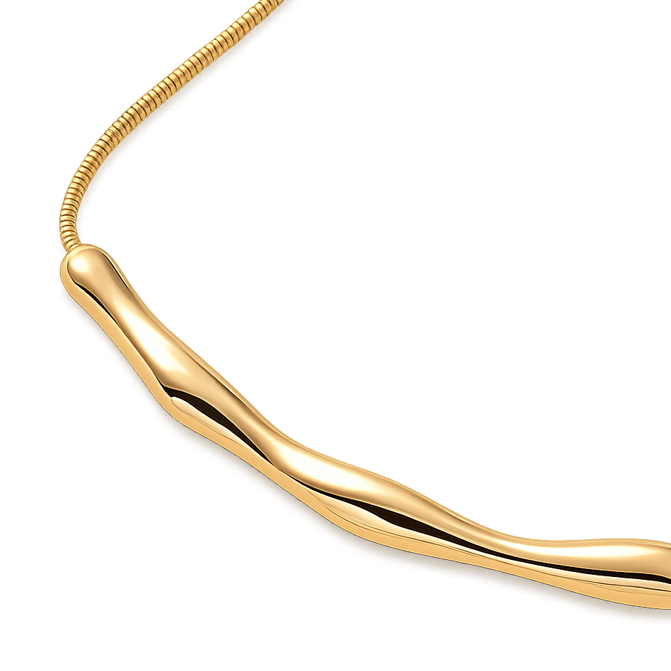 Gold necklace with a unique pendant on a white background