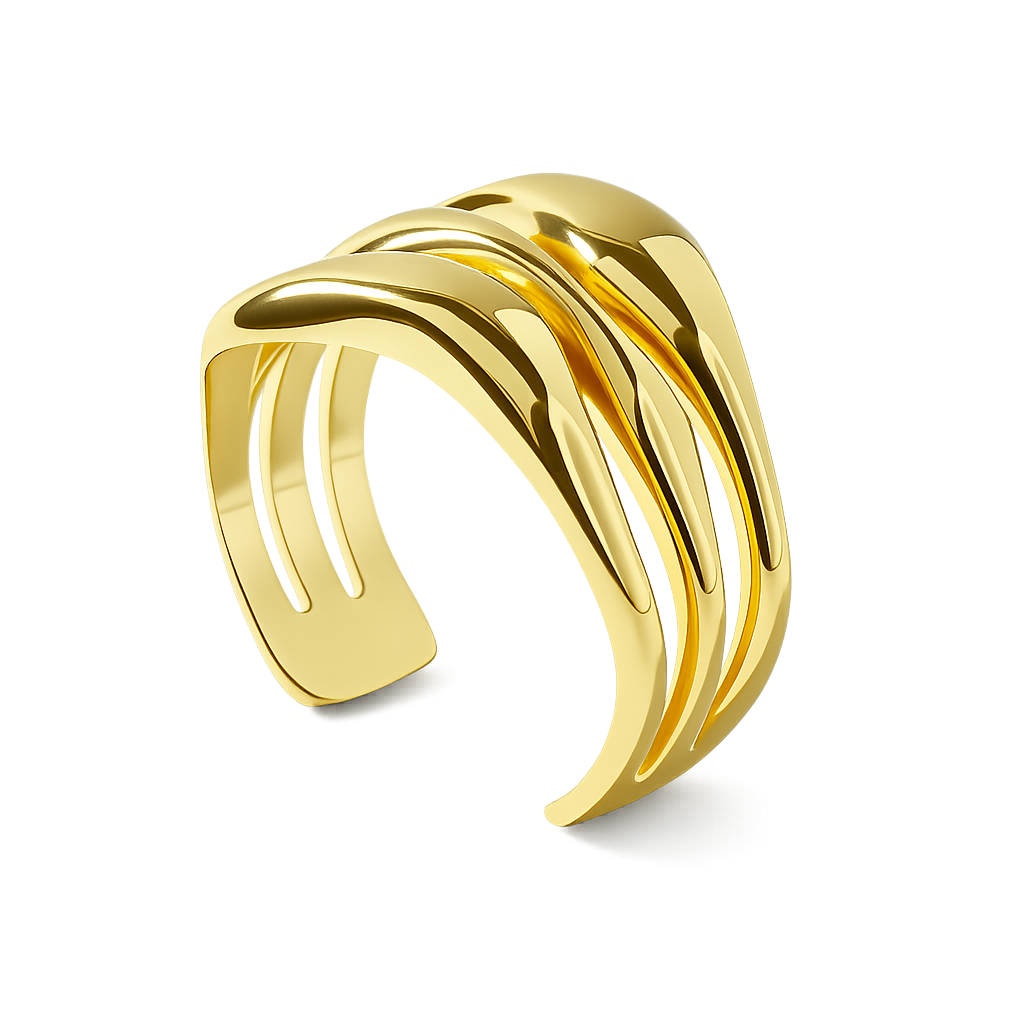 Gold bracelet with wavy design on a white background