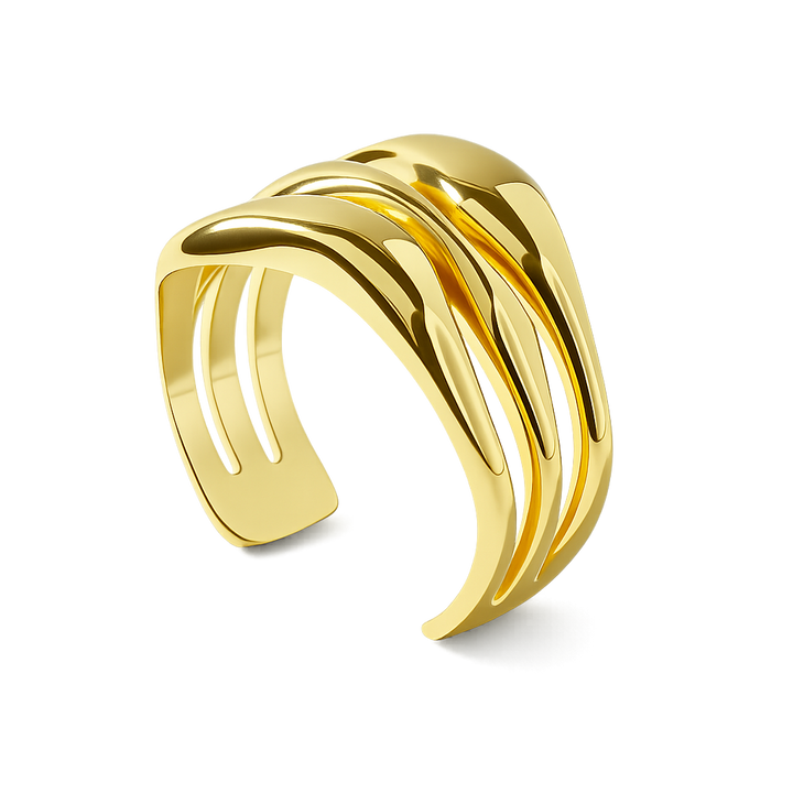 Gold bracelet with wavy design on a white background