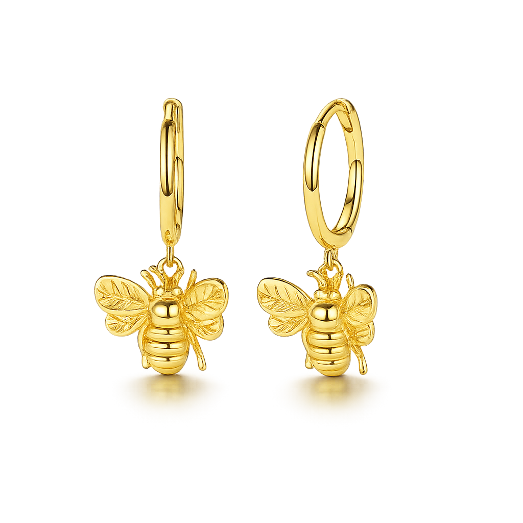 Gold bee-shaped earrings on a white background