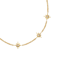 Gold necklace with star-shaped pendants on a white background