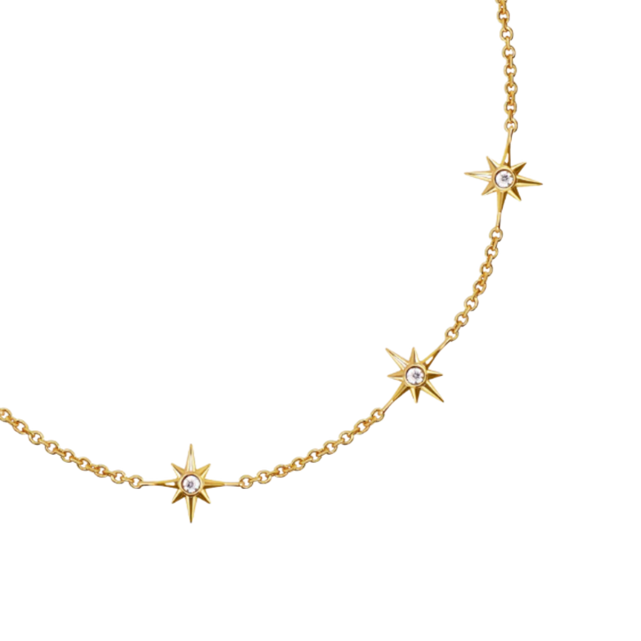 Gold necklace with star-shaped pendants on a white background