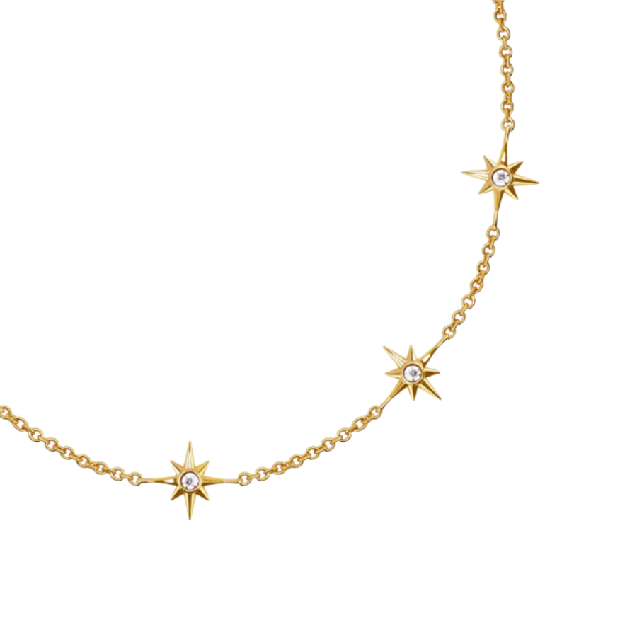 Gold necklace with star-shaped pendants on a white background