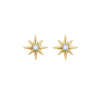 Gold star-shaped earrings with clear gemstones on a white background
