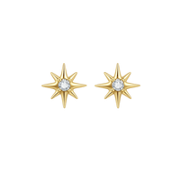 Gold star-shaped earrings with clear gemstones on a white background