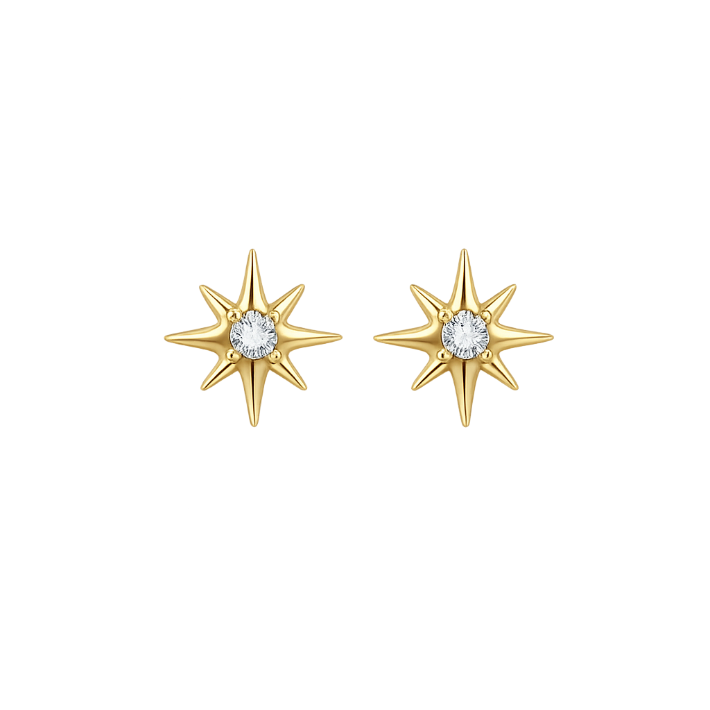 Gold star-shaped earrings with clear gemstones on a white background