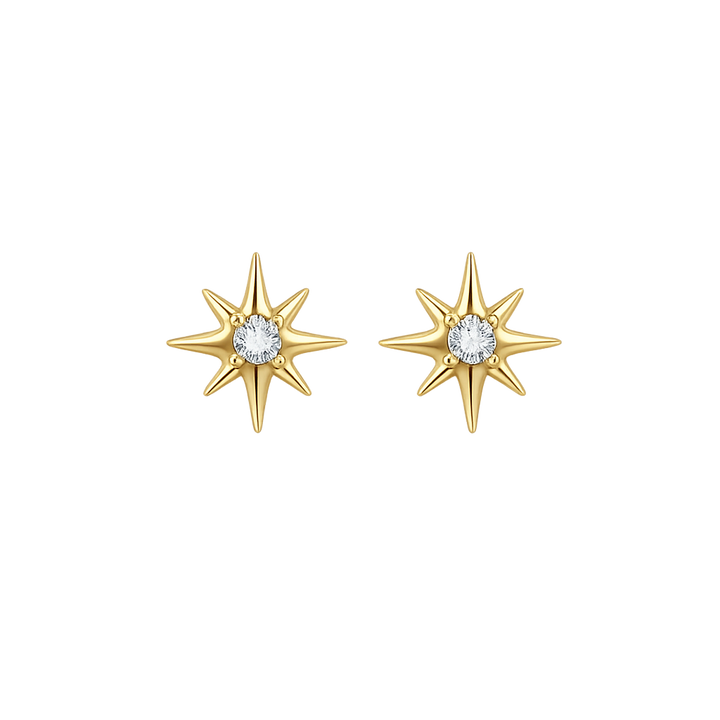 Gold star-shaped earrings with clear gemstones on a white background