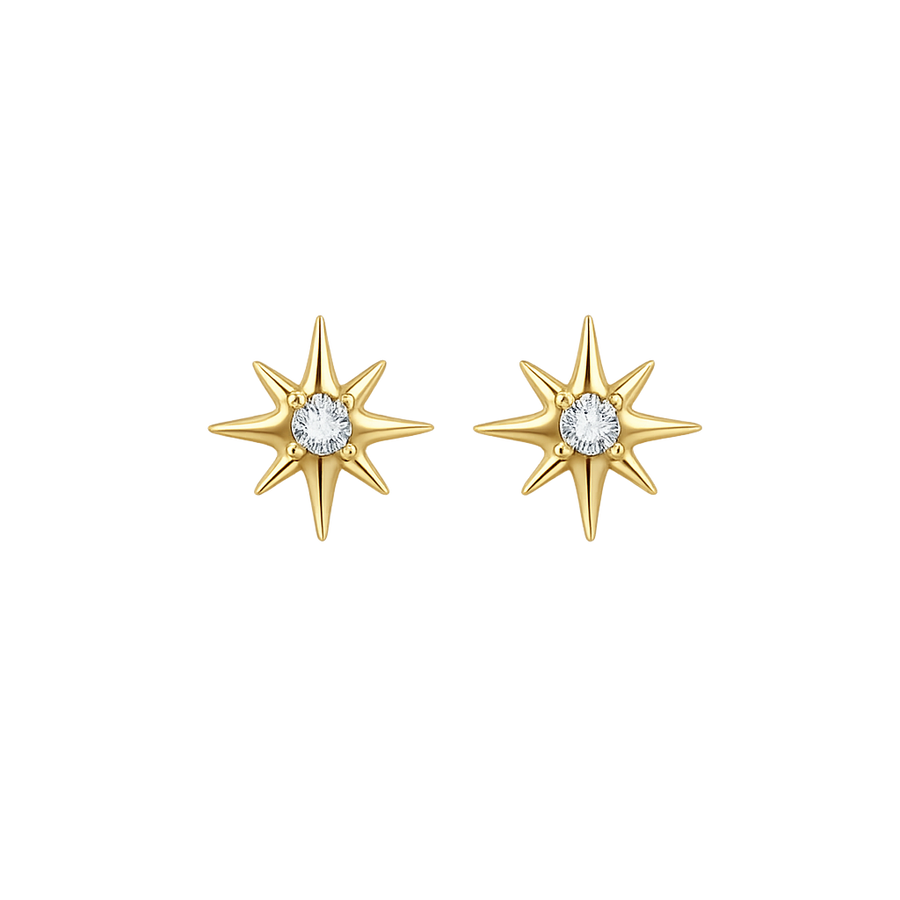 Gold star-shaped earrings with clear gemstones on a white background