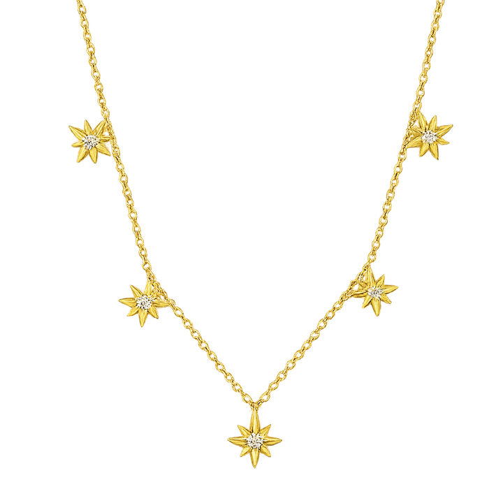Gold necklace with star-shaped pendants on a white background