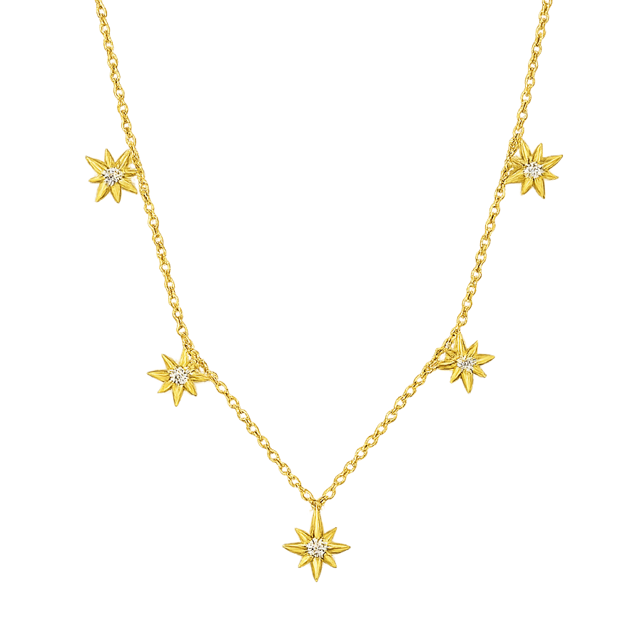 Gold necklace with star-shaped pendants on a white background