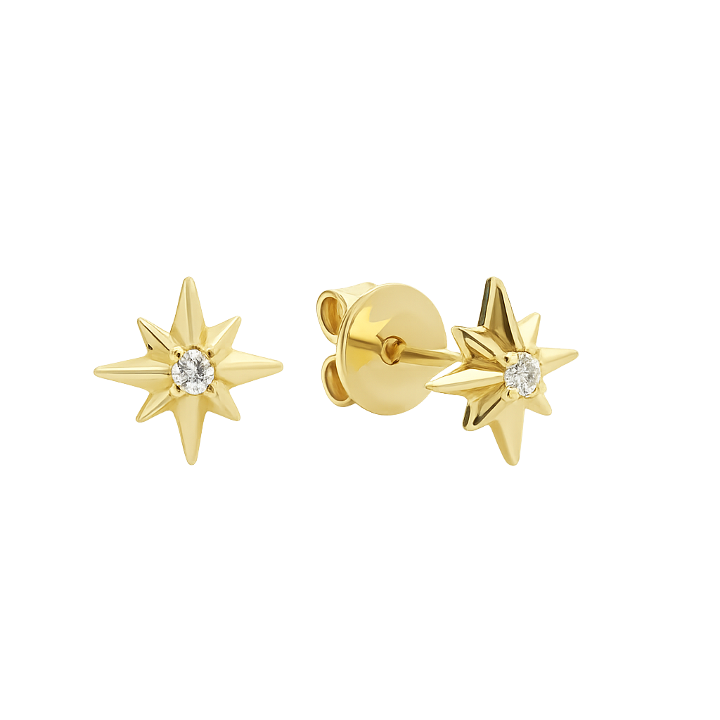 Gold star-shaped earrings with clear gemstones on a white background