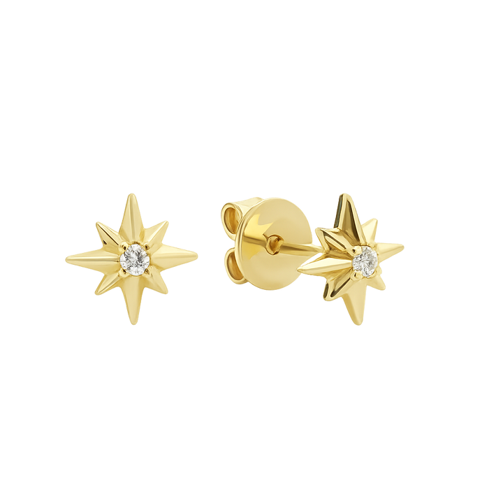 Gold star-shaped earrings with clear gemstones on a white background