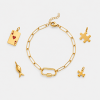 Gold bracelet with various charms on a white background