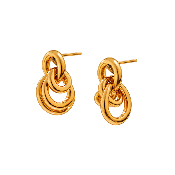 A pair of gold-toned dangle earrings with a layered, interlocking ring design and flat post backings, shown on a plain white background.