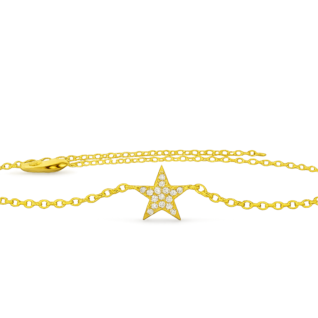 Gold star-shaped pendant with diamonds on a gold chain against a white background