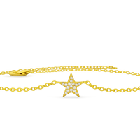 Gold star-shaped pendant with diamonds on a gold chain against a white background