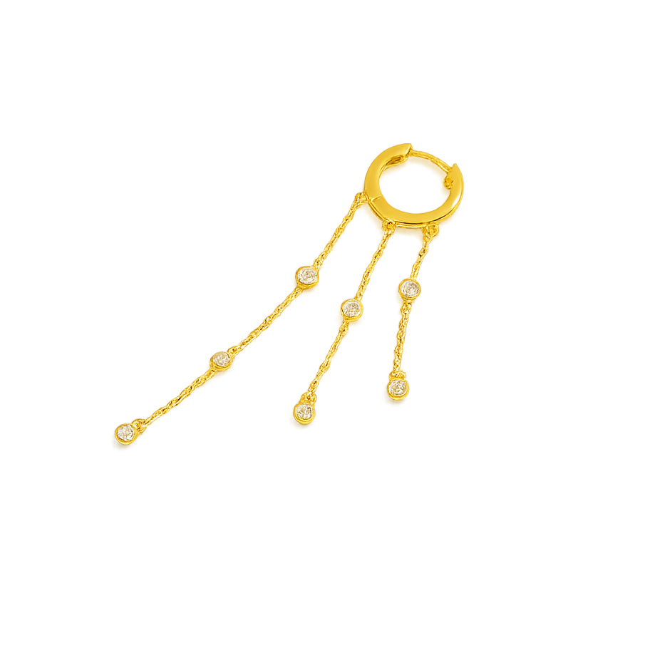 Gold hoop earring with dangling chain and beads on a white background