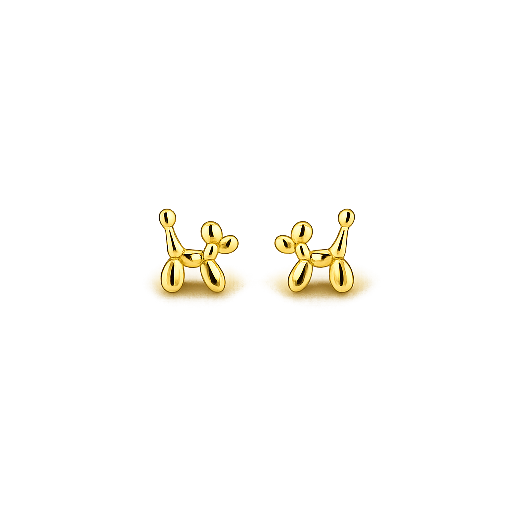 Gold balloon dog earrings on a white background