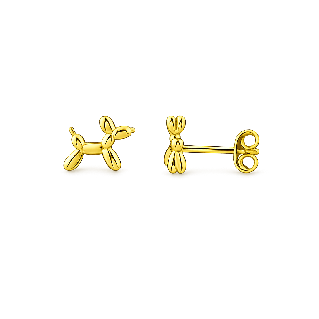 Gold balloon dog-shaped earrings on a white background