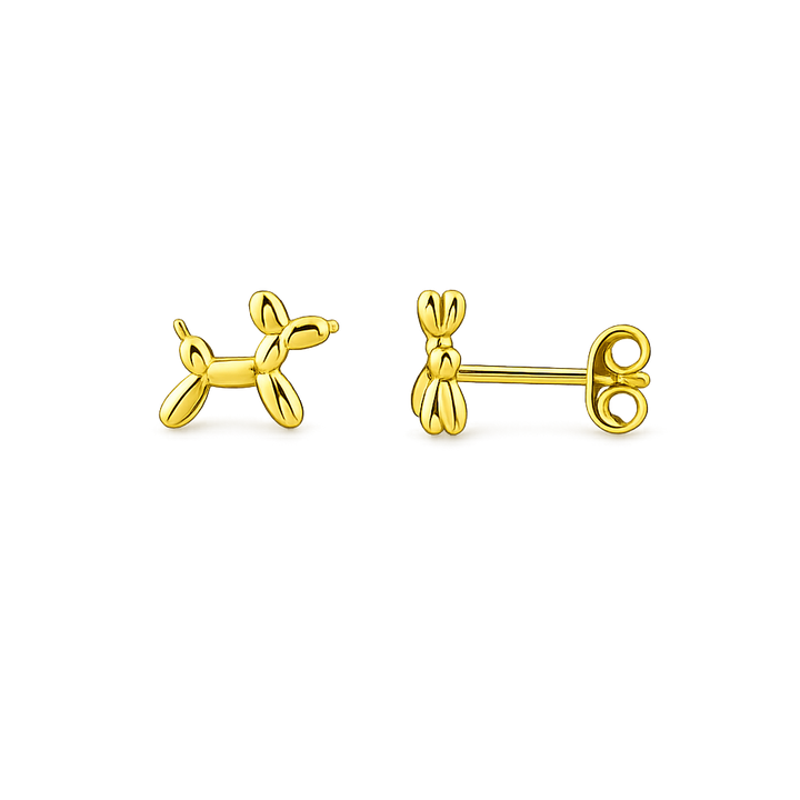 Gold balloon dog-shaped earrings on a white background